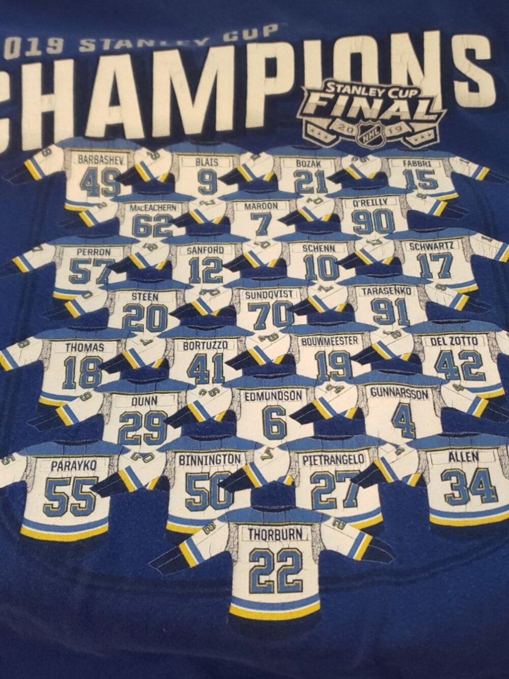St. Louis Blues Fanatics 2019 Stanley Cup Champions Jersey Roster T-Shirt L
